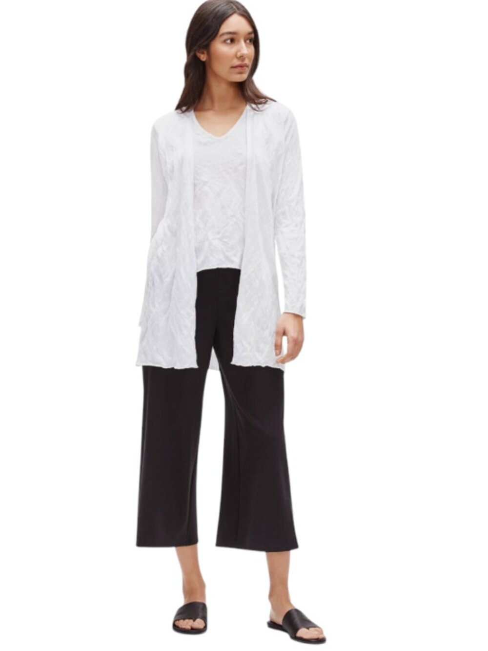 NWT Eileen Fisher Long Cardigan Sweater Womens Small Ivory Metal Open Front NEW
